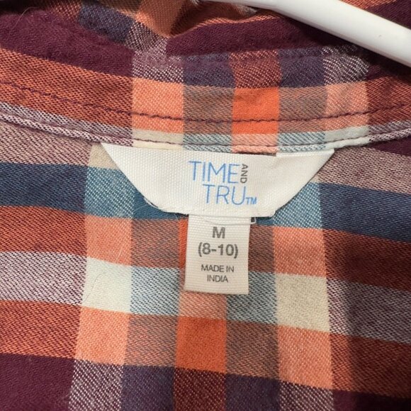 Time and Tru Women Flannel Button Down Shirt SZ M Classic Coloful Plaid Cotton - Picture 3 of 16